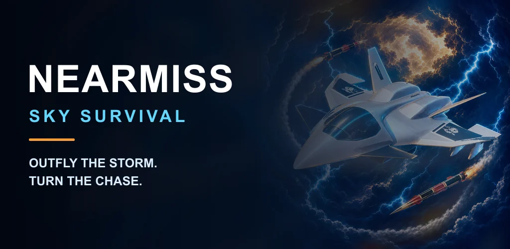 The NearMiss Google Play feature graphic: the wordmark NEARMISS above SKY SURVIVAL and “Outfly the storm. Turn the chase.”, beside illustrated art of a white fighter in a lightning-lit storm.