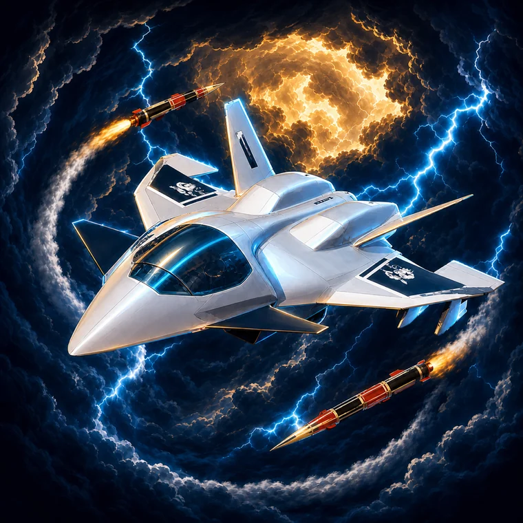 NearMiss key art: a white sixth-generation fighter banking through a dark storm lit by blue lightning, with two missiles burning past it.