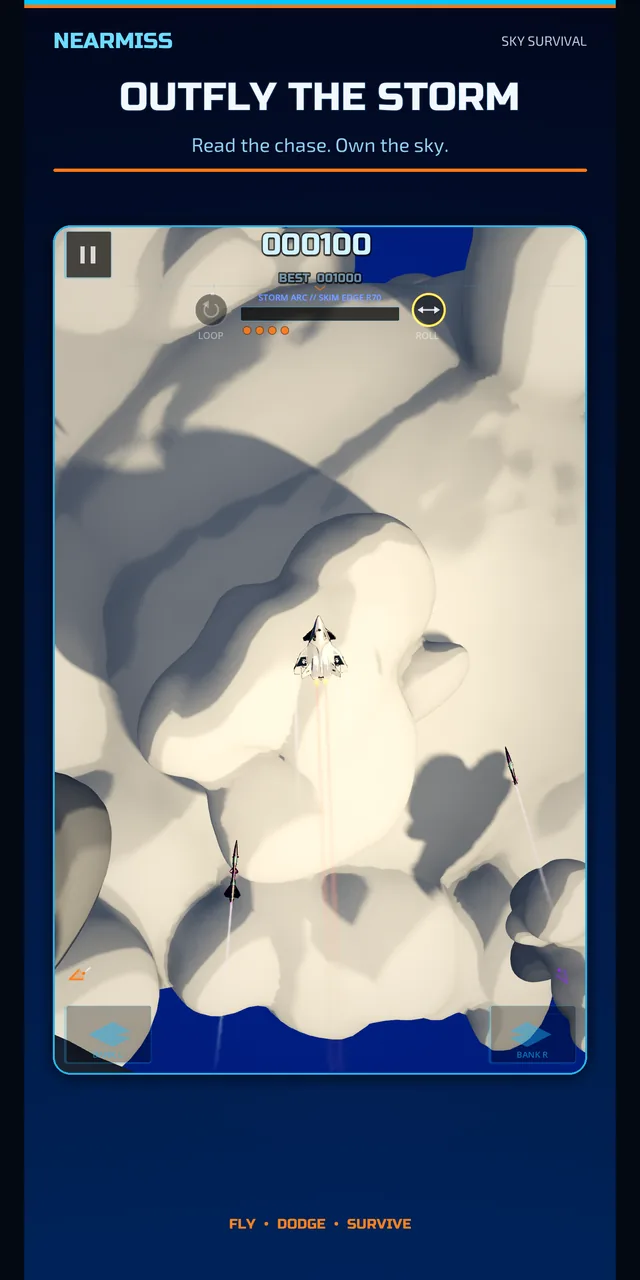 Play Store screenshot headed “Outfly the storm — read the chase, own the sky”, showing a fighter between towering sunlit cloud banks with two missiles converging from below.