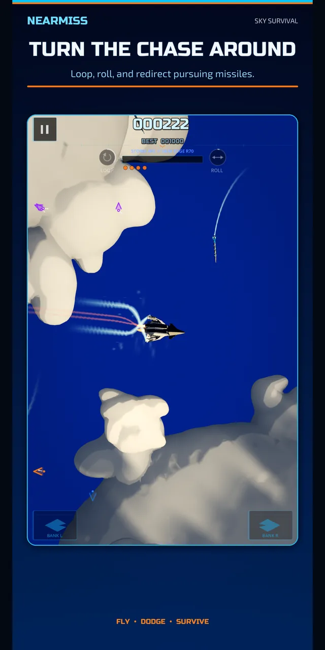 Play Store screenshot headed “Turn the chase around — loop, roll, and redirect pursuing missiles”, showing a fighter cutting hard left with two missile contrails bending away behind it.