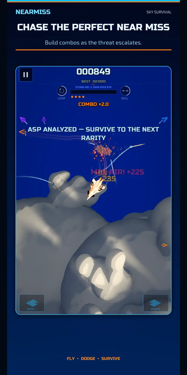 Play Store screenshot headed “Chase the perfect near miss — build combos as the threat escalates”, showing a COMBO ×2.0 readout and a MID-AIR! +225 score pop where two missiles collided.