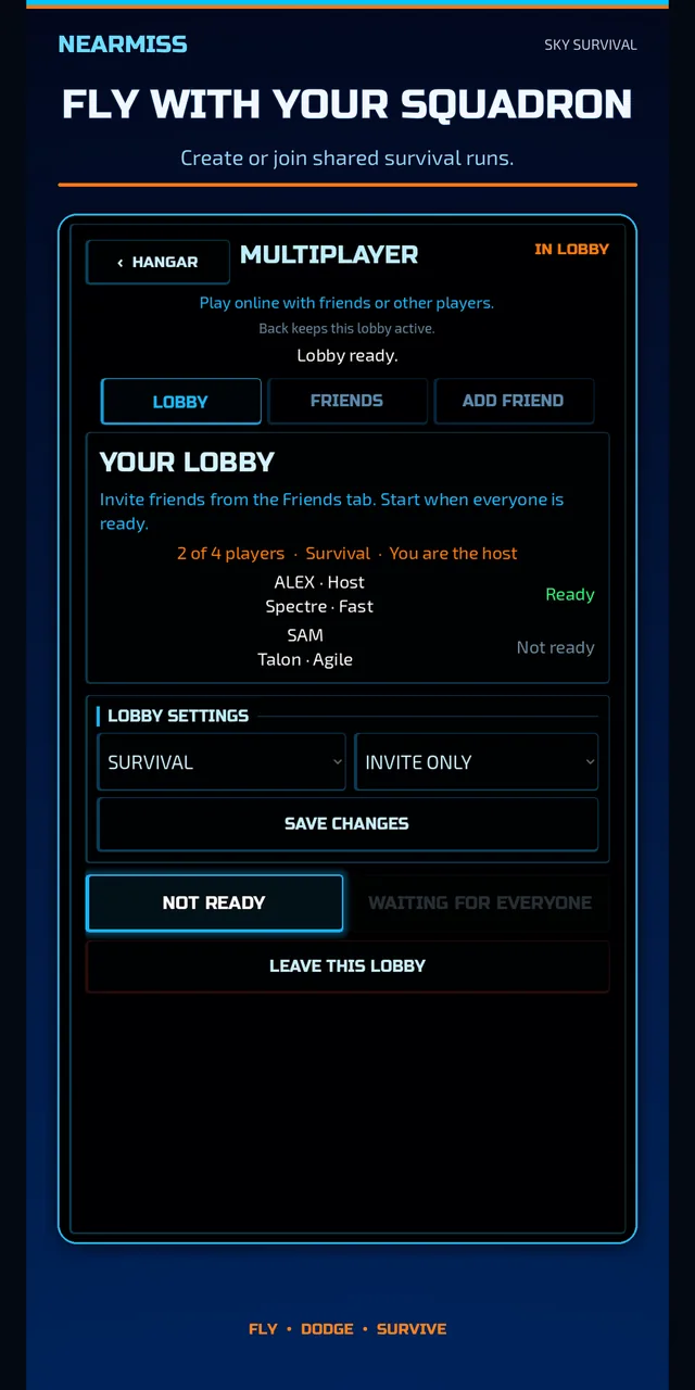 Play Store screenshot headed “Fly with your squadron — create or join shared survival runs”, showing the lobby with two of four players and Survival plus Invite Only settings.