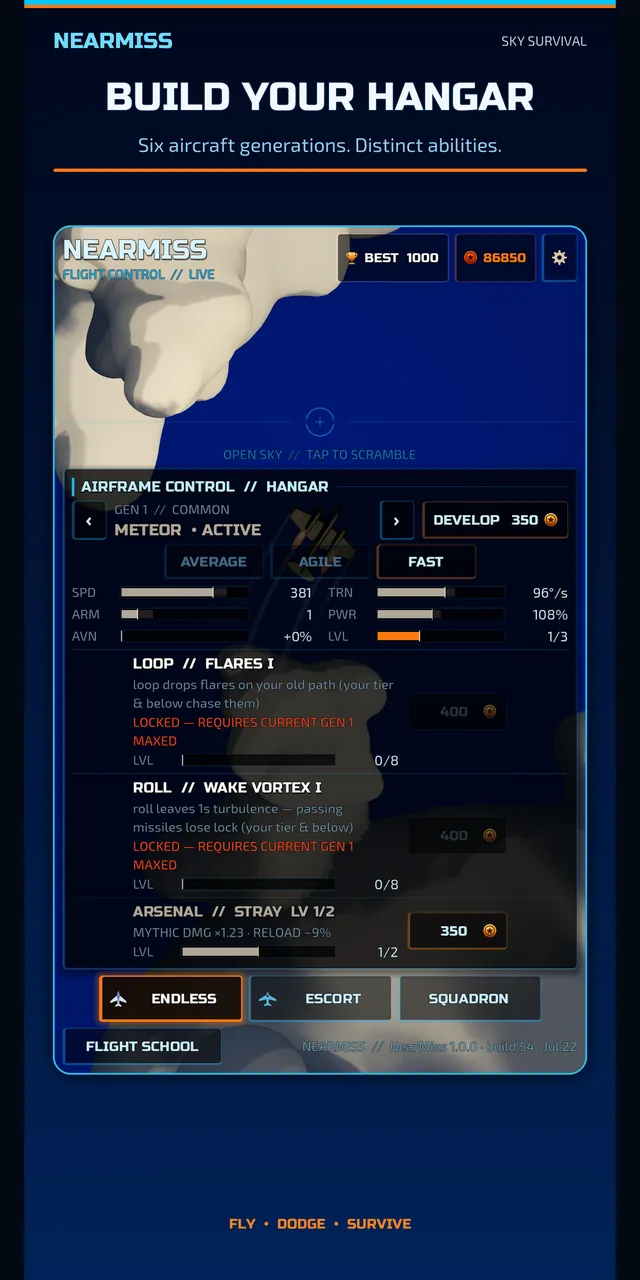 Play Store screenshot headed “Build your hangar — six aircraft generations, distinct abilities”, showing the hangar with a Gen 1 Meteor selected, trim buttons, stat bars and locked Loop, Roll and Arsenal branches.